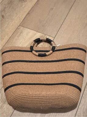 Urban Expressions Tan Straw Tote with Black Stripe Accents